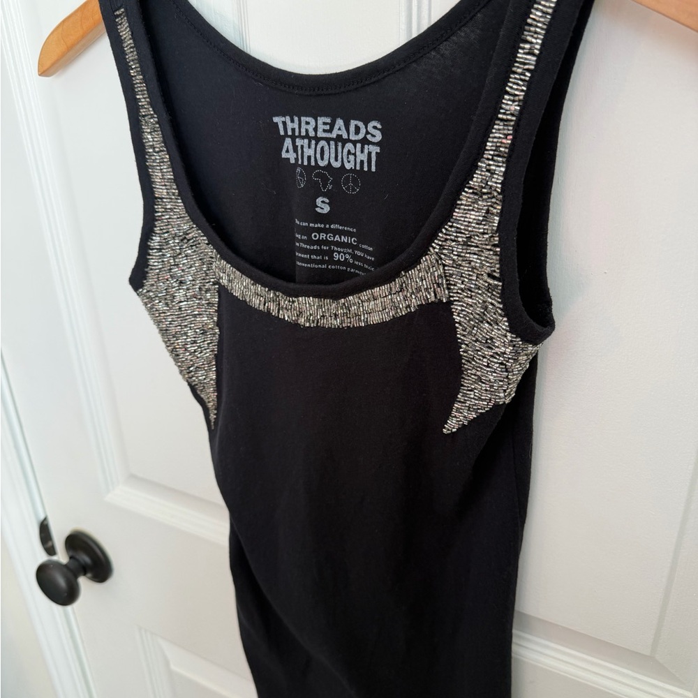 Threads 4 Thought Black and Silver Beaded Tank Top Deep Scoop Neck - Picture 3 of 6